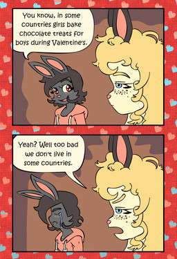 anthro black_eyebrows black_hair black_spots blonde_eyebrows blonde_hair blue_eyes blush blush_lines bodily_fluids clothing dialogue drawstring drawstring_hoodie duo eyebrows eyelashes eyes_closed female freckled_face freckles frown fur grey_body grey_fur hair heart_symbol holidays hoodie long_eyelashes looking_at_another male markings open_mouth open_smile pink_clothing pink_hoodie pink_nose pink_topwear rabbit_ears red_eyes side_view smile sparkles sparkling_eyes speech_bubble spot_freckles spots spotted_body spotted_face talking_to_another tan_body tan_fur tears text topwear tuft young young_anthro young_female young_male bisonvega i'm_not_calling_you_"good_boy" valentine's_day bunny_boy_(bisonvega) cousin_bunny_(bisonvega) lagomorph leporid mammal rabbit 2026 comic english_text cousins_(lore)