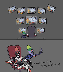 anthro chair dialogue electronics female furniture gesture group hand_gesture holding_object holding_weapon looking_at_viewer machine male middle_finger monitor simple_background smoke table text weapon goodboytown ratchet_and_clank sony_corporation sony_interactive_entertainment clank_(ratchet_and_clank) dr._nefarious emperor_nefarious kit_(ratchet_and_clank) ratchet_(ratchet_and_clank) rivet_(ratchet_and_clank) humanoid lombax mammal robot robot_humanoid absurd_res comic english_text hi_res