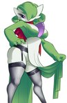 big_breasts blush breasts clothing dark_sclera dress female hair hair_over_eye hand_on_hip leggings legwear not_furry one_eye_obstructed red_scarf scarf seductive solo stockings wide_hipped_female wide_hips dorian-bc nintendo pokemon fan_character jenine_(dorian-bc) gardevoir generation_3_pokemon pokemon_(species)