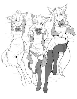 animal_ears apron apron_lift bed biped black_clothing black_legwear black_pantyhose bow_tie bracelet breasts cat_smile clothed clothing clothing_lift fangs female female_humanoid fluffy_ears furniture gloves group hair hair_between_eyes handwear jewelry legwear long_hair looking_at_viewer lying maid_apron maid_headdress maid_uniform medium_breasts multicolored_clothing multicolored_legwear on_back open_mouth pantyhose raised_arms short_hair small_breasts tail tail_under_leg teeth trio two_tone_clothing two_tone_legwear two_tone_pantyhose uniform white_clothing white_legwear white_pantyhose sakifox gosuzun wolf_maid animal_humanoid canid canid_humanoid canine canine_humanoid cat_humanoid felid felid_humanoid feline feline_humanoid fox_humanoid humanoid mammal mammal_humanoid wolf_humanoid hi_res monochrome