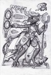 3_toes anthro barefoot big_gun drone_(vehicle) feet gun machine male ranged_weapon science_fiction solo staff text toes weapon azural_cobaltros grysum kobold robot english_text greyscale hi_res monochrome