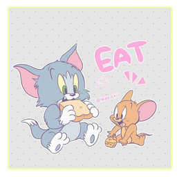 anthro blush blush_lines border cheese dairy_products dotted_background duo eating food happy holding_object male pattern_background sandwich_(food) simple_background smile text white_border atori metro-goldwyn-mayer tom_and_jerry jerry_mouse thomas_cat domestic_cat felid feline felis house_mouse mammal mouse murid murine rodent tuxedo_cat 1:1 english_text