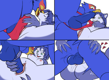 anthro anus areola backsack balls beak blue_body blue_fur blue_hair bodily_fluids breasts bulge butt clitoral_hood clitoris clothed clothing clothing_pull duo erection eyes_closed feathers female female_penetrated french_kissing from_front_position fur genital_fluids genitals hair half-closed_eyes heart_symbol holding_penis humanoid_genitalia humanoid_penis kissing looking_at_genitalia looking_at_penis lying male male/female male_penetrating male_penetrating_female narrowed_eyes nipples nude on_back one_eye_closed open_beak open_mouth penetration penile penile_penetration penis penis_in_vagina romantic romantic_sex sex simple_background smile spread_legs spreading tail tongue tongue_out topless topless_anthro topless_male underwear underwear_only underwear_pull vaginal vaginal_penetration vulva pucco nintendo star_fox falco_lombardi krystal_(star_fox) avian bird canid canine fox mammal absurd_res comic digital_media_(artwork) hi_res one_page_comic