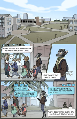 ambiguous_gender anthro barefoot big_ears biped brown_body brown_eyes brown_fur building campus cellphone clothed clothed_anthro clothing ears_through_headwear electronics feet female fur grey_body grey_fur group hat head_tuft headgear headwear holding_cellphone holding_object holding_phone holding_smartphone inner_monologue looking_at_cellphone looking_at_object looking_at_phone male message_box phone pointy_ears prick_ears smartphone snout speech_bubble tail tan_body tan_fur text text_box text_message texting thinking tuft tusks walking white_body white_fur yellow_sclera falco_works pen_(falco_works) rosa_(falco_works) avian cervine deer lagomorph leporid mammal rabbit rodent suid suine sus_(pig) tufted_deer wild_boar 2024 comic digital_media_(artwork) english_text hi_res