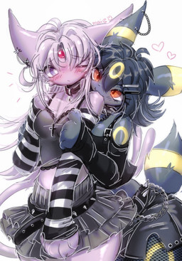 anthro anthrofied bell bell_collar bite black_hair blush blush_lines bottomwear breasts clothing collar cross duo ear_piercing eyelashes female forehead_gem fur gem grey_body grey_fur hair heart_symbol love_bite markings medium_breasts one_eye_closed piercing pokemorph purple_body purple_eyes purple_hair red_eyes ring_(marking) shoulder_bite simple_background skirt tail maimoonrabbit nintendo pokemon eeveelution espeon generation_2_pokemon pokemon_(species) umbreon 2025 hi_res signature