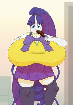 absolute_territory anthro banana big_breasts breasts chocolate_banana cosplay female food fruit hair horn huge_breasts hyper hyper_breasts nipple_outline plant ponytail solo gunpowdergreentea eiken friendship_is_magic hasbro my_little_pony mythology kirika_misono rarity_(mlp) equid equine mammal mythological_creature mythological_equine unicorn hi_res