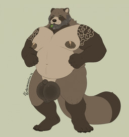animal_genitalia anthro areola balls barazoku beard belly biceps big_balls big_balls_small_penis big_muscles claws disproportionate_genitalia facial_hair fully_sheathed fur genitals huge_balls huge_muscles larger_but_small leaf leaf_in_mouth looking_at_viewer male mature_anthro mature_male musclegut muscular muscular_anthro muscular_male navel nipples nude overweight overweight_anthro overweight_male pecs penis scrotum_flap sheath simple_background small_penis solo standing tan_background tattoo thick_arms thick_thighs tuft melancholiclion ushitaro_(melancholiclion) canid canine mammal raccoon_dog tanuki 2026 hi_res signature
