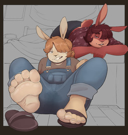 5_toes bed clothing duo feet female foot_focus footwear freckled_face freckles furniture hair hair_over_eye humanoid_feet on_bed one_shoe_on overalls plantigrade sandals shoes short_hair sitting sitting_on_ground soles toes unsavory_stash louanne_(unsavory_stash) maple_(unsavory_stash) lagomorph leporid mammal rabbit 2025 hi_res unfinished