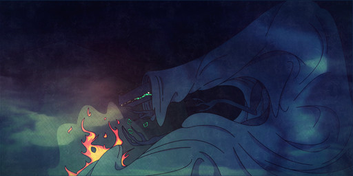 bedding blanket claws cloak clothing creepy dark fire hidden_eyes hidden_face multi_limb smoke solo shane_frost monster