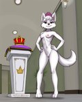 3_fingers 3_toes aged_up anthro anthrofied breasts cleavage clothed clothing crown detailed_background feet female fingers fur headgear looking_at_viewer nude pink_clothing pink_eyes solo tiara toes white_body white_fur diacordst paw_patrol sweetie_(paw_patrol) canid canine canis domestic_dog hunting_dog mammal terrier west_highland_white_terrier 2023 4:5 absurd_res hi_res