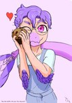 anthro biped blue_clothing blue_shirt blue_topwear clothing dialogue elbow_feathers eyebrows feathered_tail feathers femboy food front_view hair happy heart_symbol holding_object long_tail looking_at_viewer male muffin multicolored_body multicolored_scales one_eye_closed overalls pink_background purple_body purple_eyes purple_feathers purple_hair purple_scales scales shadow shirt short_hair simple_background smile solo tail talking_to_viewer tan_body tan_scales text topwear two_tone_body two_tone_scales tahilix goodbye_volcano_high sage_(gvh) dinosaur dromaeosaurid microraptor prehistoric_species reptile scalie theropod 2024 absurd_res colored english_text guide_lines half-length_portrait hi_res portrait shaded signature