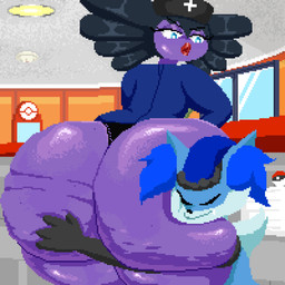 ambiguous_gender bent_over big_butt black_hair blue_eyes blush blush_stickers butt butt_grab butt_massage butt_slap clothing duo green_hair hair hand_on_butt huge_butt multicolored_body open_mouth purple_body slap smile spanking thong two_tone_body underwear spinneborg nintendo pokemon karter_(thixxen) braixen generation_5_pokemon generation_6_pokemon gothitelle pokemon_(species) 1:1 2026 animated digital_media_(artwork) hi_res loop pixel_(artwork) pixel_animation