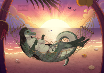 anthro big_breasts black_hair breasts coconut curvy_figure drupe_(fruit) facial_piercing female food fruit green_body green_nipples hair hammock leg_tattoo looking_at_viewer lying nipple_piercing nipple_ring nipple_ring_pull nipples non-mammal_breasts non-mammal_nipples nose_piercing nose_ring nude on_back piercing plant ring_piercing sea septum_piercing septum_ring slightly_chubby solo sunset tail tattoo teeth_showing thick_thighs voluptuous water wide_hips yellow_eyes harmaagriffin crocodile crocodilian reptile scalie hi_res