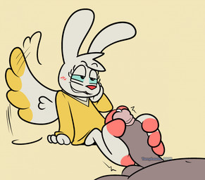 anthro anthro_focus bedroom_eyes biped bite biting_lip biting_own_lip blush blush_lines bodily_fluids bottomless bottomless_anthro bottomless_female circumcised clothed clothing dark_body dark_skin emanata erection eyelashes faceless_character faceless_human faceless_male feet female female_anthro female_focus female_on_human flapping_wings foot_fetish foot_on_penis foot_play footjob freckled_face freckles fur genital_fluids genitals glans head_tuft human_on_anthro humanoid_genitalia humanoid_penis interspecies long_eyelashes male male/female male_human male_on_anthro motion_lines narrowed_eyes navel penis precum precum_on_penis robe robe_only seductive self_bite sex sitting solo_focus tuft two-footed_footjob white_body white_fur wings terrylewds angel_hare the_east_patch angel_gabby angel hare human lagomorph leporid mammal 2025 colored digital_media_(artwork) hi_res