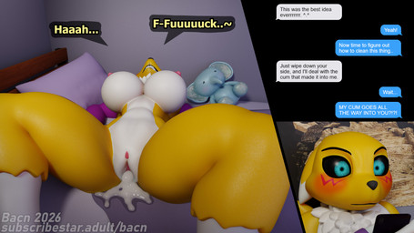 after_sex anthro bed bedroom big_breasts blush bodily_fluids breasts clitoris cum cum_in_vagina cum_inside detailed_background dialogue duo female furniture genital_fluids genitals huge_breasts impregnation_risk looking_pleasured lying male male/female moan nipples nude on_bed open_mouth speech_bubble spread_legs spreading text texting vaginal vulva white_body yellow_body bacn bacn_(modeler) bandai_namco digimon renamon_(bacn) renny_(bacn) canid canine digimon_(species) fox mammal renamon 16:9 2026 3d_(artwork) 4k absurd_res blender_(artwork) blender_cycles_(artwork) comic digital_media_(artwork) english_description english_text hi_res widescreen brother_(lore) brother_and_sister_(lore) incest_(lore) sibling_(lore) sister_(lore) sisters_(lore)