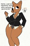 anthro big_breasts big_butt black_clothing black_panties black_underwear breasts brown_body brown_fur business business_suit butt clothing dress_coat female fur huge_breasts huge_butt humor panties solo spanish suit text thick_thighs underwear foxchen haroo perro_empreasario_(haroo) canid canine canis domestic_dog mammal spanish_text translated