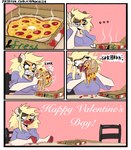 annoyed base_three_layout blockage_(layout) blue_clothing clothing eating female five_frame_image food frustration fur holidays horizontal_blockage humor orange_body orange_fur pizza solo text three_row_layout capaoculta valentine's_day alma_(capaoculta) cheetah felid feline mammal 2023 comic hi_res