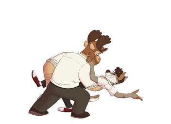 anthro antlers arm_hair beard blush body_hair bottomwear caressing_face clothing dancing duo eyes_closed eyewear facial_hair footwear glasses grin holding_partner horn leaning leaning_backward leaning_forward male male/male male_anthro pants rolled_up_sleeves shoes simple_background smile white_background nardodraws leo_(nardodraws) tom_(nardodraws) canid canine canis deer mammal moose new_world_deer wolf hi_res