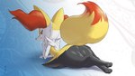 anthro big_butt biped butt female fur looking_at_viewer looking_back lying nude on_front paws pupils simple_background smile solo thick_thighs three-quarter_view yellow_body yellow_fur eryz nintendo pokemon braixen generation_6_pokemon pokemon_(species) 16:9 hi_res widescreen