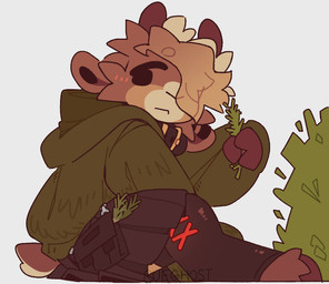 ambiguous_gender anthro bottomwear brown_body brown_fur buckled_collar cheek_tuft clothing cloven_hooves facial_tuft fingers fur hair hair_over_eye holding_plant hoodie hooved_fingers hooved_toes hooves horn leg_warmers legwear looking_aside plant short_tail sitting skirt solo tail tan_body tan_fur topwear tuft unguligrade ruedeath rowan_(ruedeath) bovid caprine goat mammal digital_media_(artwork) nonbinary_(lore)