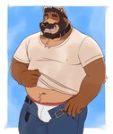 anthro arm_tuft barazoku beard belly belly_tuft blue_background body_hair border bottomwear briefs bulge chest_hair chest_tuft clothed clothing collar denim denim_bottomwear denim_clothing facial_hair facial_piercing jeans looking_at_viewer male manly mature_male navel nipple_outline nose_piercing nose_ring one_eye_closed open_bottomwear open_clothing open_pants pants piercing raised_clothing raised_shirt raised_topwear ring_piercing shirt shoulder_tuft simple_background slightly_chubby smile smiling_at_viewer solo t-shirt topwear tuft underwear white_border wink winking_at_viewer naikuma bear mammal 2024 hi_res