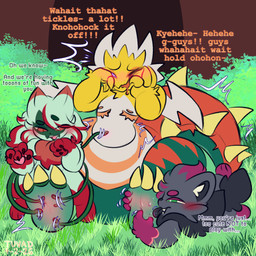 anthro belly_blush big_tail blush bodily_fluids body_blush claws dialogue drooling drooling_laughing feet finger_claws foot_blush foot_fetish foot_lick group heart_pawpads licking male male/male mastectomy_scar navel nipples pawpads plant saliva scar tail tentacles text tickling tickling_belly tickling_feet tickling_navel toe_claws tongue trio vine_tentacles vines conditional_dnp tuvandalist mythology nintendo pokemon ale_(tuvandalist) rose_(tuvandalist) thunder_(tuvandalist) canid canine domestic_cat dracozolt dragon felid feline felis floragato fossil_pokemon fox generation_5_pokemon generation_8_pokemon generation_9_pokemon mammal mythological_creature mythological_scalie pokemon_(species) scalie zorua 1:1 english_text hi_res trans_(lore) trans_man_(lore)