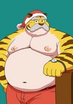 anthro belly big_belly bottomwear christmas_clothing christmas_headwear clothing facial_hair hat headgear headwear holidays kemono male moobs mustache navel nipples overweight overweight_male pants santa_hat simple_background solo yellow_body bullbluedog christmas felid mammal pantherine tiger 2023 hi_res