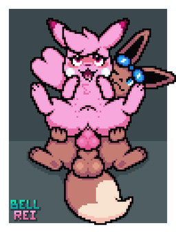 abdominal_bulge ahegao animal_genitalia balls belly_nipples blue_eyes blush bodily_fluids brown_body brown_fur clitoris drooling duo eyelashes eyewear female feral fur genitals goggles hair holding_face holding_partner knot knotted_penis looking_pleasured male male/female on_bottom on_top penis pink_body pink_eyes pink_fur pink_hair pink_nose reverse_cowgirl_position saliva sex sitting tail tongue tongue_out vulva bteevee nintendo pokemon bell_the_eevee reimachu eevee generation_1_pokemon pikachu pokemon_(species) digital_media_(artwork) hi_res pixel_(artwork)