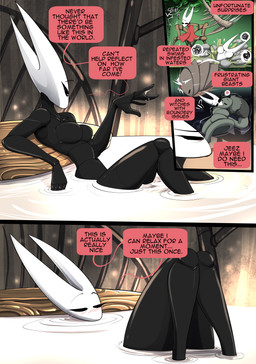 2_horns 3_panel_comic 5_fingers anthro bench biped black_body black_eyes black_text blush breasts cloak clothed clothing dialogue ellipsis empty_eyes exclamation_point eyebrows eyelashes eyes_closed female fingers heart_symbol horn kissing monotone_body motion_lines non-mammal_breasts nude nude_anthro nude_female on_bench partially_submerged pupils question_mark red_cloak red_clothing sitting sitting_on_bench sound_effects speech_bubble talking_to_self text thick_thighs water white_head white_pupils vale-city hollow_knight:_silksong hollow_knight_(franchise) team_cherry greyroot hornet_(hollow_knight) arthropod savage_beastfly 2026 absurd_res comic english_text hi_res