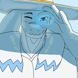 anthro blue_body blue_fur blush clothing eyes_closed fur glowing glowing_eyes hand_on_face hat headgear headwear light male muscular muscular_male smile smiling_at_viewer solo white_body white_clothing white_fur white_hat white_headwear wide_brim_hat wide_brimmed_hat scaryboy89898 xiuh_shen mythology dragon furred_dragon furred_scalie mythological_creature mythological_scalie scalie 1:1 absurd_res headshot_portrait hi_res lighting portrait
