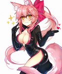 blush bodysuit breasts clothing eyewear female fluffy fluffy_tail glasses glistening glistening_eyes hair heart_symbol long_hair pink_hair simple_background skinsuit solo tail tight_clothing yellow_eyes zipper zipper_down ga_(pixiv) fate_(series) type-moon koyanskaya_(fate) animal_humanoid canid canid_humanoid canine canine_humanoid fox fox_humanoid humanoid mammal mammal_humanoid 5:6 hi_res