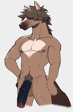 animal_genitalia animal_penis anthro balls big_penis brown_body brown_fur brown_hair equine_genitalia equine_penis fur genitals hair hair_over_eyes hand_on_hip male medial_ring penis pubes simple_background smile solo standing exsys equid equine horse mammal