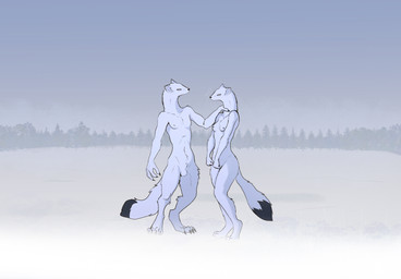 anthro black_tail_tip digitigrade dipstick_tail duo female forest forest_background fur male male/female markings nature nature_background nude plant simple_background snow standing tail tail_markings tree white_background white_body white_fur garbagegarage mammal mustelid musteline stoat true_musteline weasel hi_res