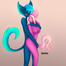 anthro big_breasts blush breasts butt caressing curled_tail duo earny eyebrows female fur genitals hair hug light male male/female nipples nude open_mouth sex simple_background smile tail text wavy_tail avastra avel star_(avastra) canid canine canis domestic_cat felid feline felis fox hybrid mammal 1:1 absurd_res artist_name digital_media_(artwork) hi_res signature