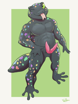 2_penises animal_genitalia animal_penis anthro black_body black_scales genitals green_eyes hemipenes male multi_genitalia multi_penis nude one_eye_closed penis scales solo standing tongue wink unknown_artist gecko lizard reptile scalie hi_res source_request
