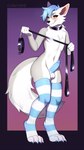 anthro balls bedroom_eyes belly big_butt blue_clothing blue_hair blue_legwear blue_stripes blue_thigh_highs butt cheek_tuft cheeky cheeky_smile clothed clothing collar facial_tuft femboy fluffy fluffy_tail genitals gradient_background hair half-closed_eyes humanoid_genitalia humanoid_penis leash leash_pull leashed_collar legwear looking_at_viewer male narrowed_eyes naughty_face naughty_smile navel neck_tuft partially_clothed pattern_clothing pattern_legwear pattern_stockings penile penis playful pose seductive simple_background smile smiley_face smiling_at_viewer solo standing stockings striped_clothing striped_legwear striped_stockings stripes tail thick_thighs thigh_highs toeless_legwear toeless_stockings tuft wide_hips yellow_eyes clawiope iamnotasynth canid canine fox hybrid mammal absurd_res full-length_portrait hi_res pinup portrait