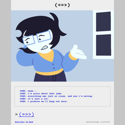 black_hair bottomwear buckteeth clothed clothed_female clothing comic_panel denim denim_bottomwear denim_clothing dialogue eyewear female glasses hair jeans lipstick makeup not_furry pants shirt short_hair solo sweater teeth text topwear white_body ashleyorange homestuck ms_paint_adventures june_egbert human mammal 1:1 comic english_text hi_res trans_(lore) trans_woman_(lore)