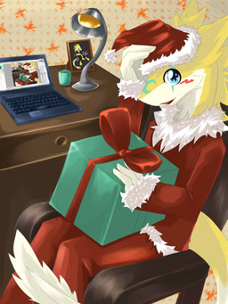 anthro blue_eyes bottomwear clothed clothing computer costume droste_effect electronics facial_markings fur gift glistening glistening_eyes hat head_markings headgear headwear holding_present inside lamp laptop looking_at_viewer male markings open_mouth pants red_clothing red_hat red_headwear red_topwear santa_costume sitting solo topwear white_bottomwear white_clothing white_pants yellow_body yellow_ears yellow_fur kuttoyaki 3:4 absurd_res hi_res