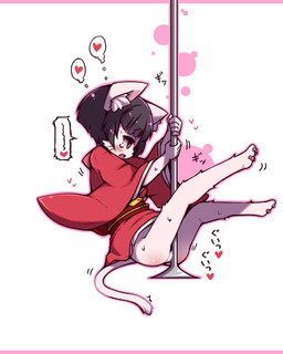 5_fingers a_post_for_ants anthro asian_clothing biped black_hair blush bodily_fluids bottomless clothed clothing dancing east_asian_clothing female fingers hair heart_symbol japanese_clothing kemono kimono loli open_mouth pole pole_dancing purple_eyes red_clothing red_kimono short_hair simple_background sitting solo sweat text white_background young omunikin setsu_(omunikin) domestic_cat felid feline felis mammal 2018 4:5 japanese_text low_res