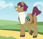 anus backsack balls bottomless butt clothed clothing feral genitals looking_at_viewer looking_back male presenting presenting_hindquarters solo /d/non hasbro my_little_pony snap_shutter_(mlp) equid equine horse mammal pony aliasing digital_media_(artwork)