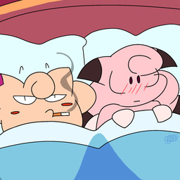 after_sex anthro bed bed_sheet bedding black_eyes blush blush_lines cigarette cigarette_in_mouth duo female feral furniture hands_behind_head lying male nude object_in_mouth on_bed pink_body red_eyes smoke smoking smoking_cigarette text wings unfortu-nate nintendo pokemon chantelle_(unfortu-nate) clefable clefairy generation_1_pokemon pokemon_(species) 1:1 2026 digital_media_(artwork) hi_res