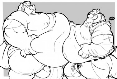 anthro belly belly_to_belly belt big_belly big_muscles big_penis bottomwear bulge clothing comparing duo fangs genitals hat headgear headwear huge_belly huge_muscles huge_penis male male/male musclegut muscular muscular_male obese obese_male open_belt overweight overweight_male pants penis penis_peek shirt size_difference teeth topwear underwear c-trigger gulonine mammal mustelid musteline wolverine hi_res monochrome
