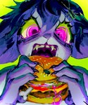 accessory anthro bone burger eating eating_food fangs female fingernails food fur green_background green_body green_scales hair hair_accessory holding_burger holding_food holding_object nails open_mouth pink_eyes purple_body purple_fur purple_hair scales sharp_fingernails sharp_nails simple_background solo teeth p0nyplanet arthropod domestic_cat felid feline felis insect mammal digital_drawing_(artwork) digital_media_(artwork) hi_res