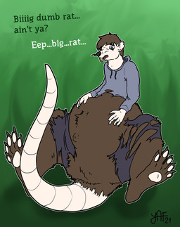 5_fingers 5_toes belly big_belly black_nose bottomwear brown_body brown_fur brown_hair buckteeth claws clothed clothing dialogue featureless_crotch feet fingers fur green_background hair human_to_anthro long_tail mid_transformation open_mouth pants partially_clothed paws rat_tail simple_background sitting soles solo species_transformation tail teeth text toe_claws toes torn_bottomwear torn_clothing torn_pants transformation whiskers yafath werenimal calvin_(werenimal) mammal murid murine rat rodent absurd_res english_text hi_res
