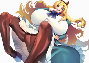 big_breasts blonde_hair blue_eyes breasts brown_body brown_fur clothed clothed_taur clothing dress female fur hair hooves horse_ears horse_tail huge_breasts long_hair looking_at_viewer noblewoman ojou_laugh ribbons simple_background solo standing subnoei european_mythology greek_mythology mythology estelle_bellegarde centaur equid equid_taur humanoid_taur mammal mammal_taur taur absurd_res hi_res