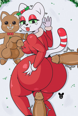 4_fingers anthro balls big_butt big_penis breasts brown_body butt closed_smile clothed clothing erection eyelashes eyeshadow female fingers food freckled_face freckles genitals glans glistening_eyelids green_eyes group half-closed_eyes hand_on_butt heart_symbol humanoid_genitalia humanoid_penis long_eyelashes looking_back lying makeup male male/female motion_lines mouth_closed narrowed_eyes nude on_back on_front on_ground penis pupils red_clothing smile tail tongue tongue_out white_heart luanctoons junipurr domestic_cat felid feline felis food_creature mammal 2025 absurd_res hi_res