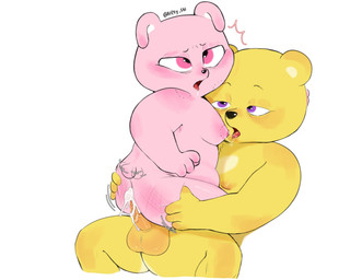 anal anal_penetration anthro balls bite_mark bodily_fluids cum cum_inside duo erection genital_fluids genitals male male/male nipples penetration penis pink_body pink_eyes purple_eyes sex sitting slightly_chubby spank_marks yellow_body nery_fn unicorn_wars coco_(unicorn_wars) gordi_(unicorn_wars) bear mammal 2023 hi_res