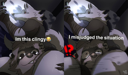anthro arm_wrapping arm_wraps between_legs between_thighs caption cheek_tuft claws clenched_teeth clothed clothing cuddling duo ears_up electronics emoji facial_markings facial_tuft fur fuzzy glowing grey_body grey_fur grin half-closed_eyes hand_on_leg hand_on_thigh hand_wrapping hand_wraps hands_wrapped head_between_legs head_between_thighs head_markings holding_object holding_phone instant_regret interrobang looking_at_viewer lying male male/male markings mask_(marking) motion_blur motion_lines narrowed_eyes neck_tuft pantsless phone pointy_ears prick_ears red_eyes selfie shirt shocked smile squeezed squeezing squish surprised tail teeth text thick_thighs thigh_crush thigh_squeeze thigh_squish topwear tuft underwear unexpected wide_eyed wrapped_arms wraps howdypeepos dreamworks i'm_this_clingy puss_in_boots_(franchise) death_(puss_in_boots) fan_character canid canine canis mammal procyonid raccoon wolf absurd_res hi_res meme sequence signature