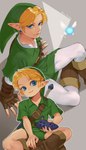 blonde_hair blue_eyes clothing ear_piercing fingerless_gloves footwear gloves hair handwear humanoid_pointy_ears light_body light_skin looking_at_viewer male not_furry piercing pointy_ears simple_background square_crossover wings ivy_draws nintendo ocarina_of_time the_legend_of_zelda link navi young_link elf fairy humanoid hylian signature