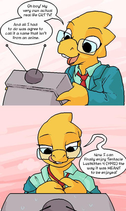 anthro dialogue electronics eyewear female for_a_head glasses humor necktie screen screen_face solo television text wearing_glasses kazerad deltarune undertale_(series) alphys tenna_(deltarune) object_head scalie screen_head tv_head 3:5 comic english_text